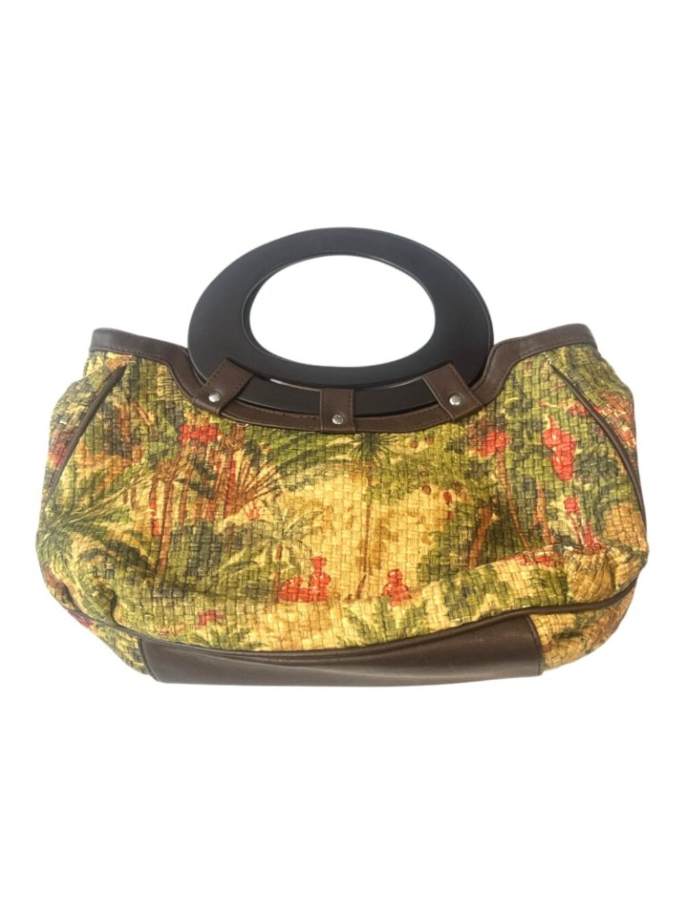 Boho Woven Straw Tote Bag w/ Wooden Handles Tropical Print 14x8 Vintage Purse - Picture 5 of 5